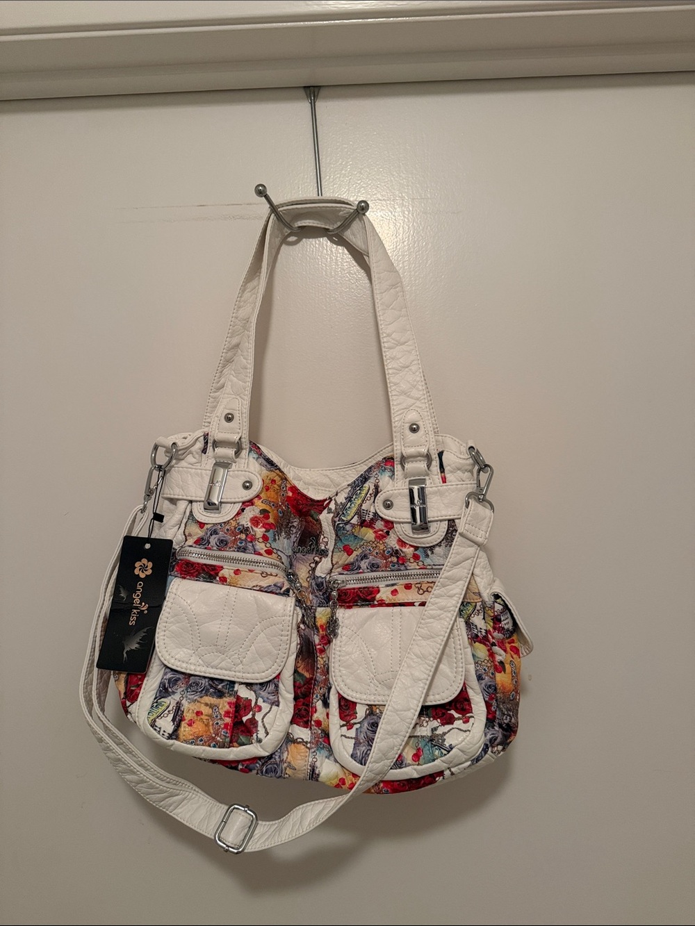 White Quilted Shoulder Bag with Colorful Floral Panels